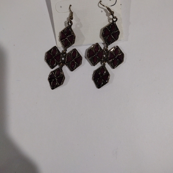 Burgundy Petal Cross Earrings – Gold-Tone Floral Dangles Statement Jewelry - Picture 5 of 9
